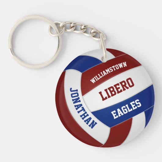 Maroon blauw team kleuren gepersonaliseerd volleyb sleutelhanger (Voorkant)
