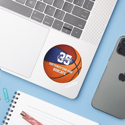 Maroon blauwe basketbal atleet geschenken onder 10 sticker (Laptop met iPhone)