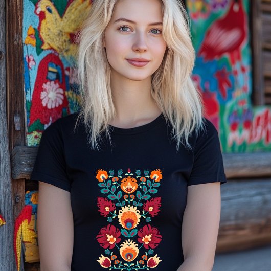 Maroon, blauwgroen en pastelgeel Folk Wycinanki T-shirt