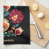 Maroon, blauwgroen en pastelgeel Folk Wycinanki Theedoek (Quarter Fold)