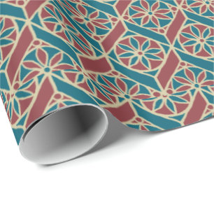 Maroon, Blauwgroen Etnische Patroon, Bloemen, Chev Cadeaupapier