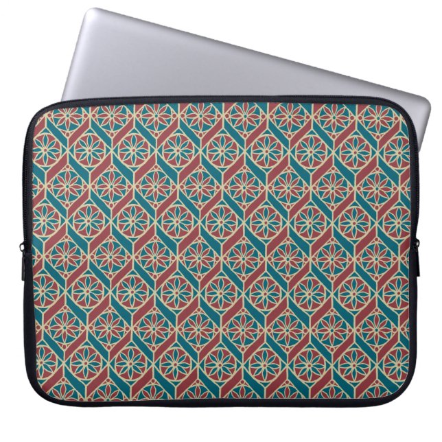 Maroon, Blauwgroen Etnische Patroon, Bloemen, Chev Laptop Sleeve (Voorkant)