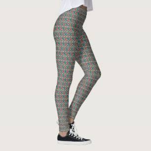 Maroon, Blauwgroen Etnische Patroon, Bloemen, Chev Leggings