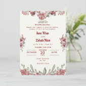 Maroon Bloemen Nikah Islamitische bruiloft uitnodi Kaart (Staand voorkant)