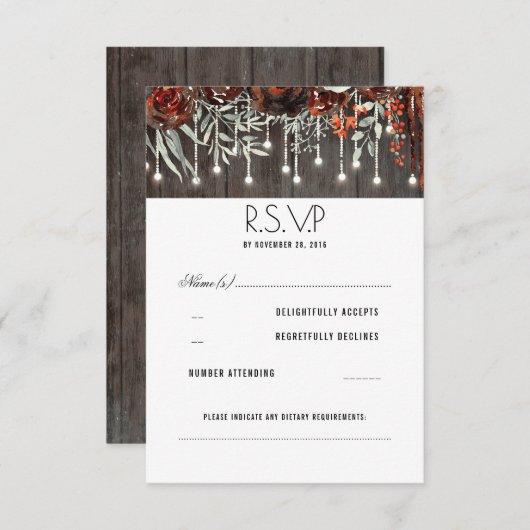 Maroon Bloemen Rustieke String Lights Bruiloft RSV RSVP Kaartje (Voorkant / Achterkant)