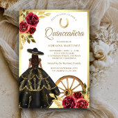 Maroon Bloemen Zwart Jurk Charro Goud Quinceanera Kaart