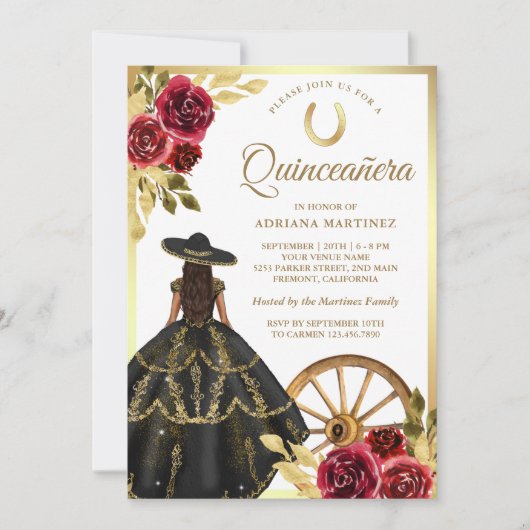 Maroon Bloemen Zwart Jurk Charro Goud Quinceanera Kaart (Voorkant)