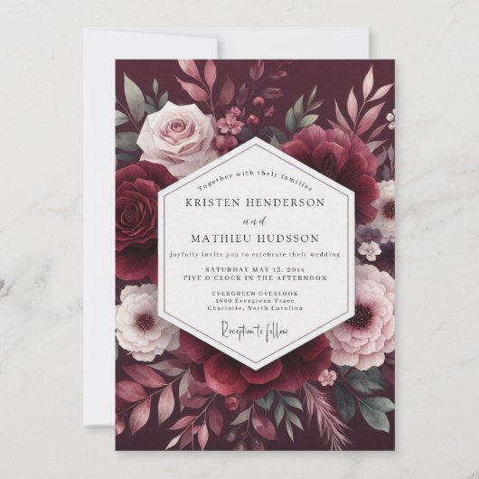 Maroon Bloom Romance Wedding Kaart (Voorkant)