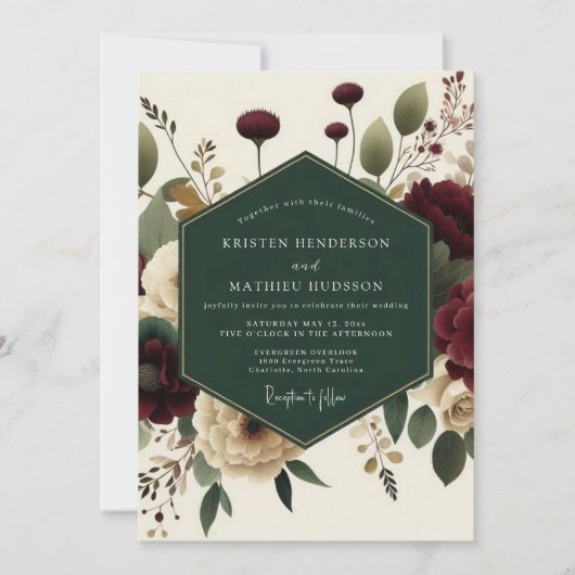 Maroon Bloom Romantic Elegance Wedding Kaart (Voorkant)