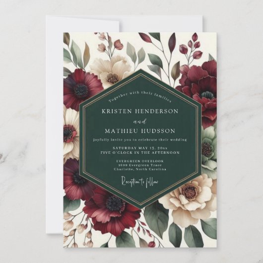 Maroon Bloom Romantic Wedding Kaart (Voorkant)