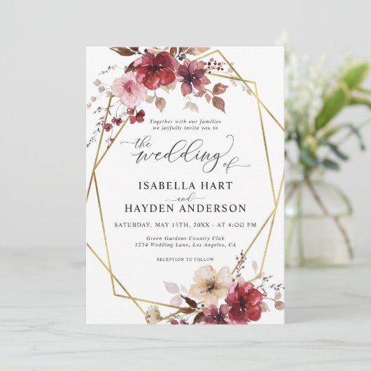 Maroon Blush Beige Bloemen Goud Lijst bruiloft Kaart (Staand voorkant)