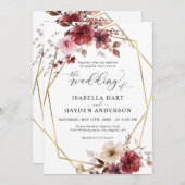 Maroon Blush Beige Bloemen Goud Lijst bruiloft Kaart (Voorkant / Achterkant)