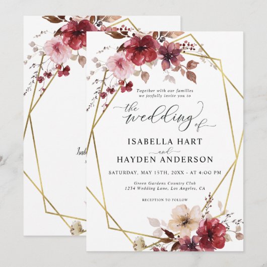 Maroon Blush Beige Bloemen Goud Lijst bruiloft Kaart (Voorkant / Achterkant)