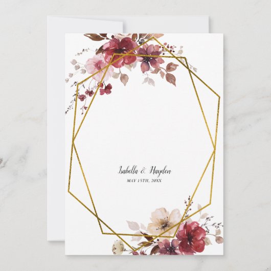 Maroon Blush Beige Bloemen Oude Gouden Huwelijk Kaart (Achterkant)