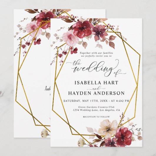 Maroon Blush Beige Bloemen Oude Gouden Huwelijk Kaart (Voorkant / Achterkant)