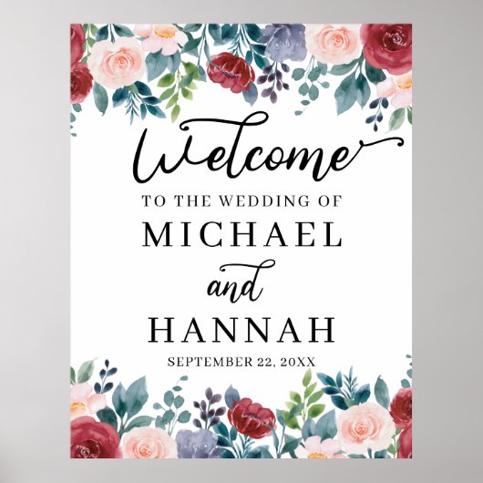 Maroon Blush Flowers Weddenschap Welkom Poster (Voorkant)