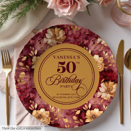 Maroon blush gold roses 50th birthday paper plates papieren bordje