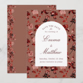 Maroon Boho Botanische Romance QR Save The Date (Voorkant / Achterkant)