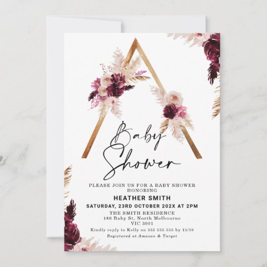 Maroon Boho Pampas Grass Baby shower Uitnodiging (Voorkant)