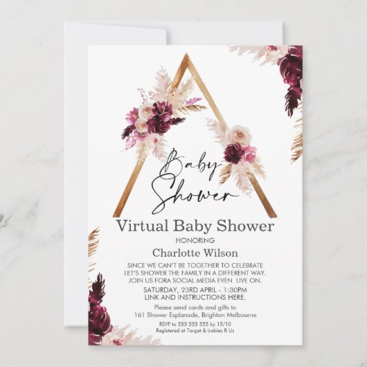 Maroon Boho Pampas Virtual Baby shower Invitation Kaart (Voorkant)