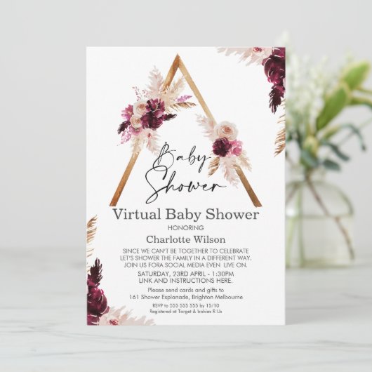 Maroon Boho Pampas Virtual Baby shower Invitation Kaart (Staand voorkant)