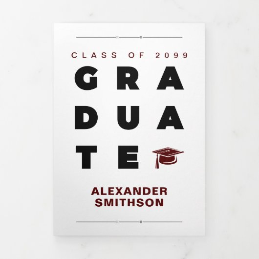 Maroon Bold AFSTUDEREN Letters en Pet Afstuderen Drieluik Aankondiging (Cover)