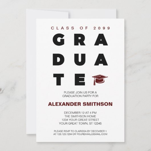 Maroon Bold AFSTUDEREN Letters en Pet Afstuderen Kaart (Voorkant)