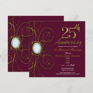 Maroon Bordeaux & Gouden Diamant 25 25ste Verjaard Kaart