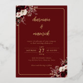 Maroon Bourgondië Bloemen Foto Huwelijk Goud Folie Uitnodiging (Achterkant)