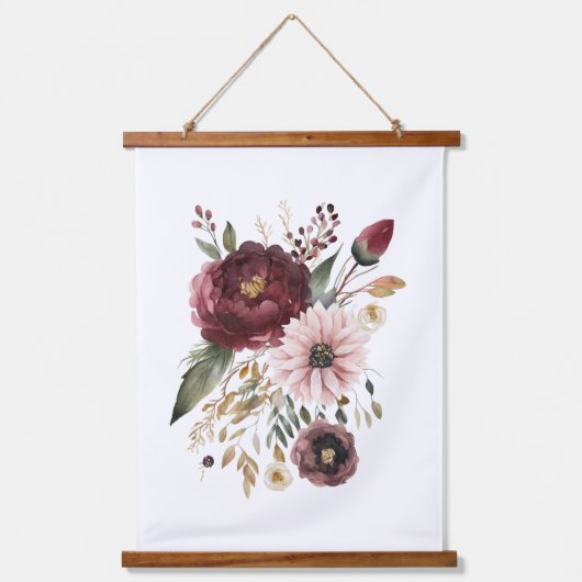 Maroon Bourgondië Roze Waterverf Bloemen Botanisch Hangend Wandkleed (Voorkant)
