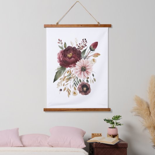 Maroon Bourgondië Roze Waterverf Bloemen Botanisch Hangend Wandkleed (Slaapkamer)