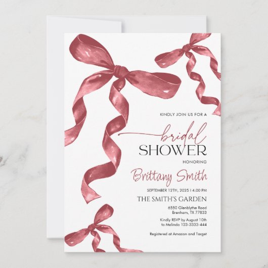 Maroon Bow Coquette Bruids Douche Uitnodiging (Voorkant)
