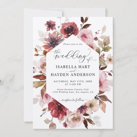 Maroon Brown Blush Pink Alles in 1 QR Code Trouwen Kaart (Voorkant)