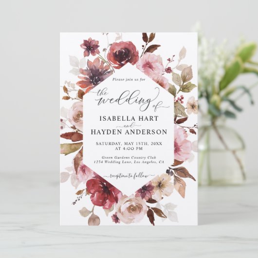 Maroon Brown Blush Pink Alles in 1 QR Code Trouwen Kaart (Staand voorkant)