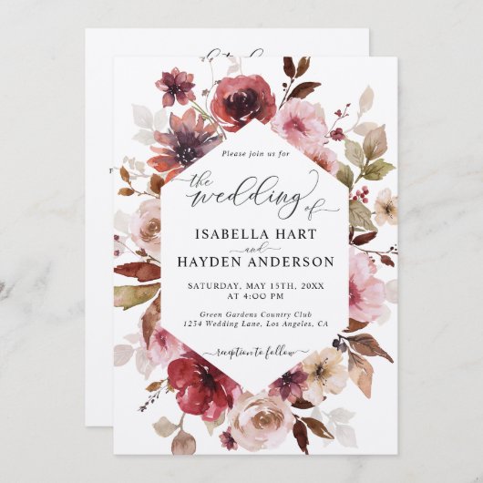 Maroon Brown Blush Pink Alles in 1 QR Code Trouwen Kaart (Voorkant / Achterkant)