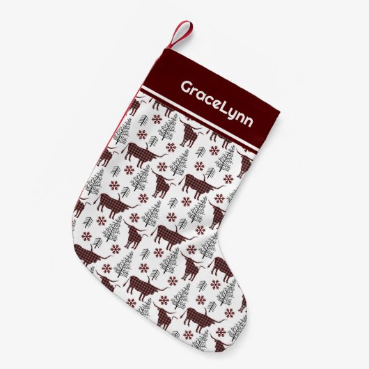 Maroon Buffel Plaid Longhorn Patroon Kleine Kerstsok (Voorkant (Hangend))