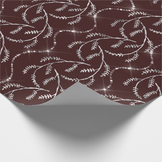 Maroon Burgund Vonk Laurel Bloemen Zilveren Diaman Cadeaupapier (Hoek)