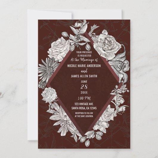 Maroon Burgundy Diamond  Flowers Wedding Kaart (Voorkant)