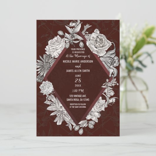 Maroon Burgundy Diamond  Flowers Wedding Kaart (Staand voorkant)