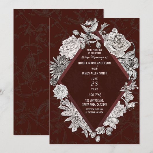 Maroon Burgundy Diamond  Flowers Wedding Kaart (Voorkant / Achterkant)