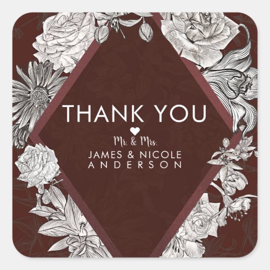 Maroon Burgundy Diamond  Flowers Wedding Vierkante Sticker (Voorkant)