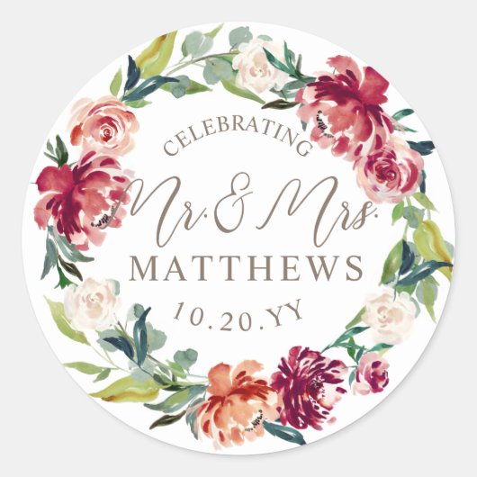 Maroon Burgundy Green Floral Wedding Shower Ronde Sticker (Voorkant)