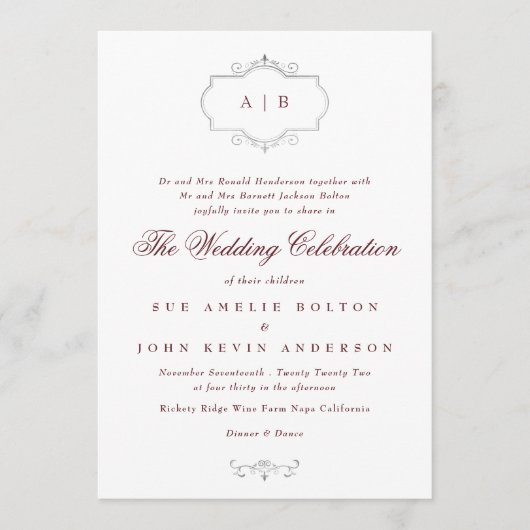 maroon burgundy zilver klassieke monogram bruiloft kaart (Voorkant)