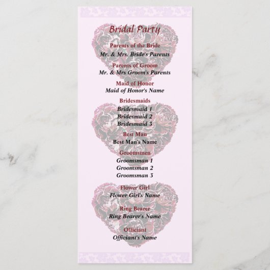 Maroon Carnance Heart Pink Bkgrnd Wedding Programm Programmakaart (Achterkant)