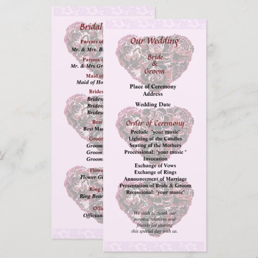 Maroon Carnance Heart Pink Bkgrnd Wedding Programm Programmakaart (Voorkant / Achterkant)
