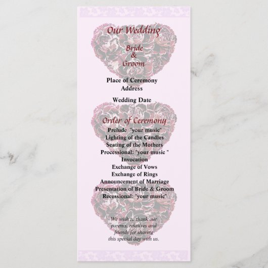 Maroon Carnance Heart Pink Bkgrnd Wedding Programm Programmakaart (Voorkant)