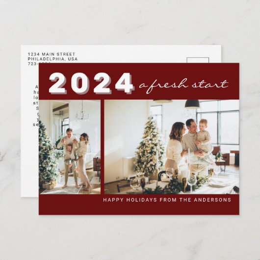 Maroon Chic Year a verse Start Two Photo Holiday Briefkaart (Voorkant / Achterkant)