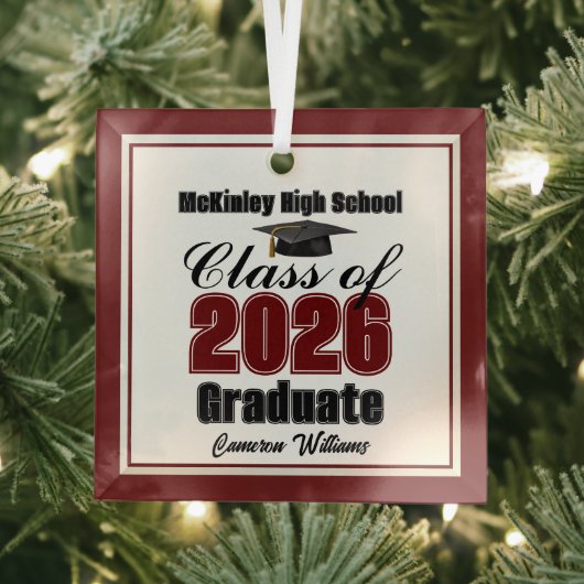 Maroon Class of 2026 Graduation Custom Christmas Glas Ornament (Insitu)