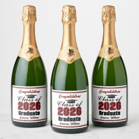Maroon Class of 2026 Graduation Party Custom Sparkling Wijnetiket (Flessen)