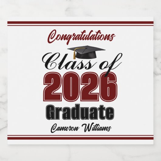 Maroon Class of 2026 Graduation Party Custom Sparkling Wijnetiket (Enkel label)